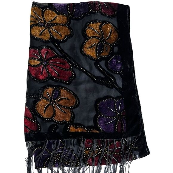 Black Velvet Scarf/Shawl Shoulder Cover Up Rectangle W/Fringe Floral Beaded - Picture 10 of 10